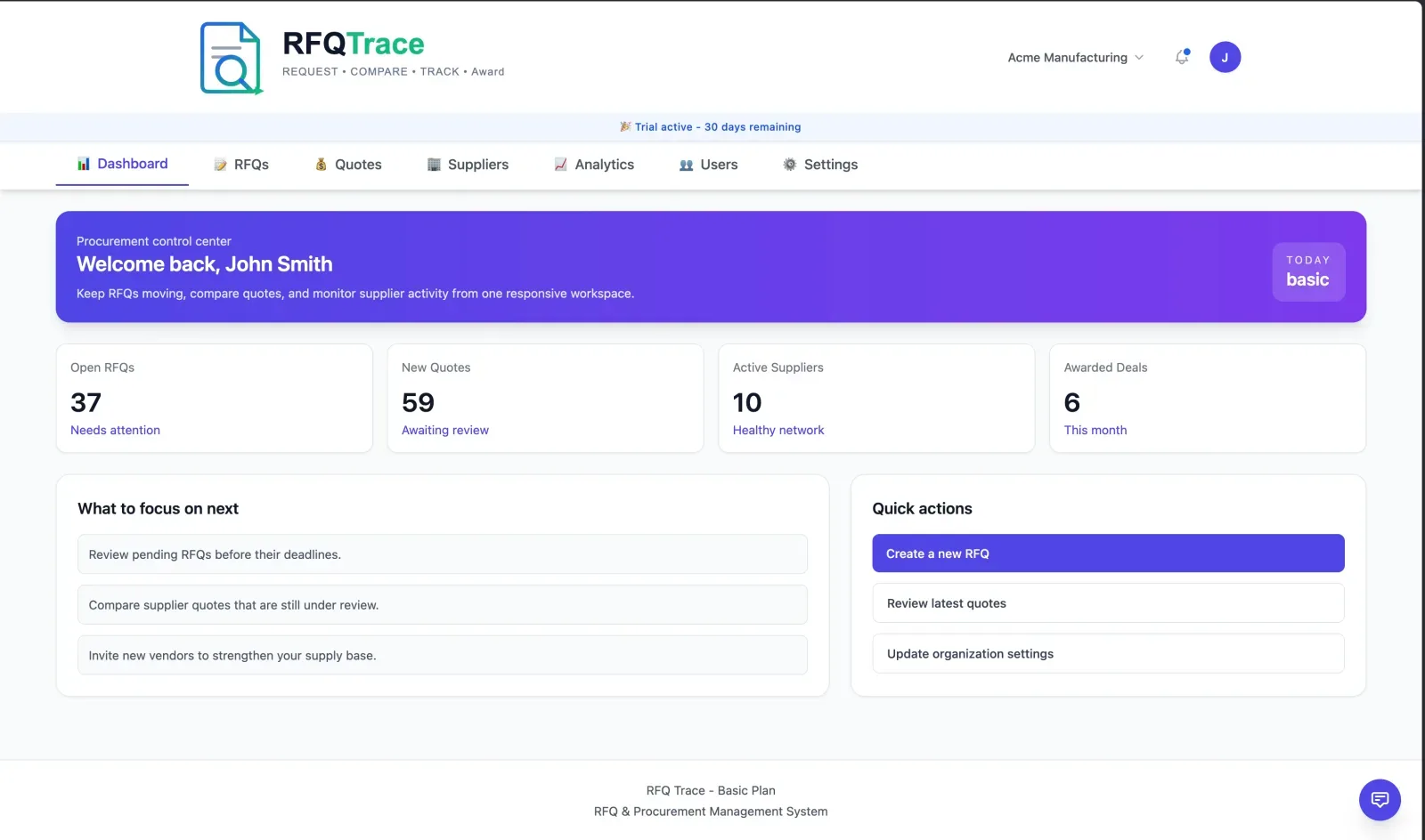 RFQTrace dashboard — RFQ and supplier quote tracking